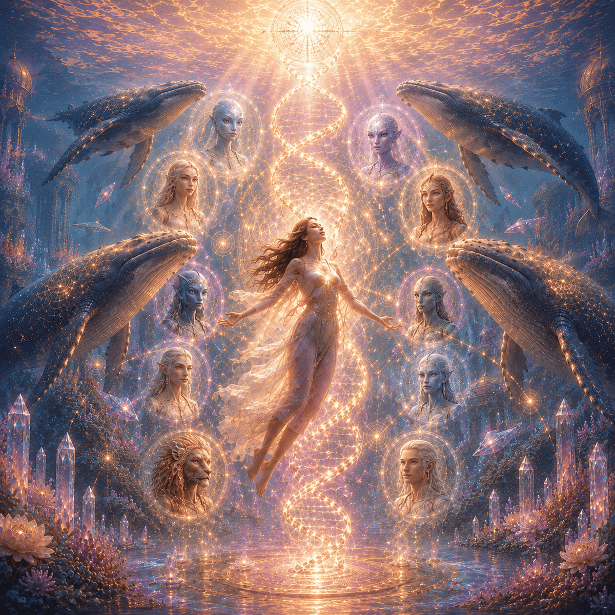 Mujer elevándose en luz dorada rodeada de la doble hélice de ADN, seres ancestrales de luz y ballenas guardianas